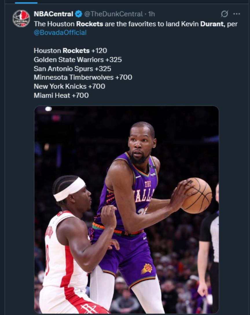 難道說？美媒曬杜蘭特下家賠率，火箭大幅度領(lǐng)跑！